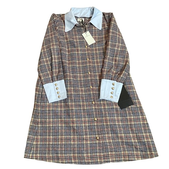 Tuckernuck Dresses & Skirts - Tuckernuck XL Plaid Shirt Dress Blue Collar & Cuffs Long Sleeve Gold Button